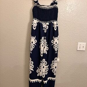 Shein ruffle strap navy blue/ white wide leg jumpsuit